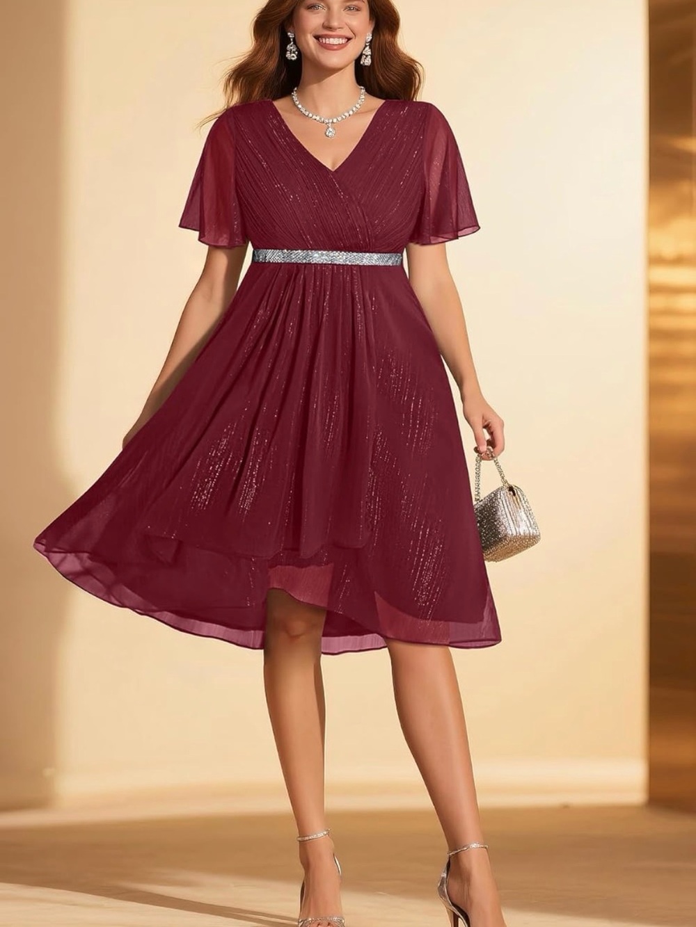 V-Neck Burgundy High-Low Dress with Silver Waistband